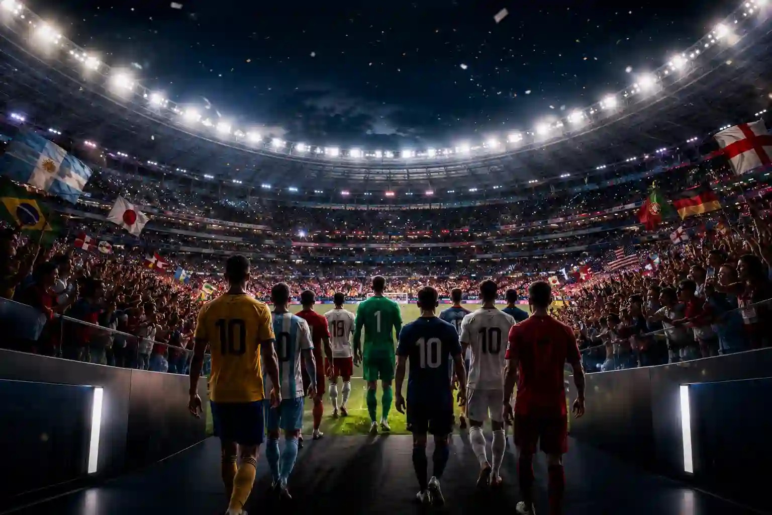 FIFA World Cup 2026 stadium atmosphere with international football fans and players