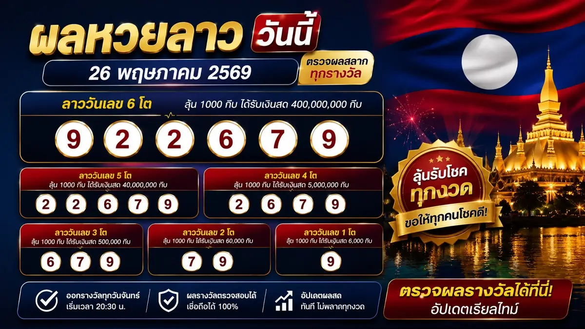 หวยลาว วันนี้ 26/5/69 ลุ้นผลสด! เปิดตัวเลขทุกรางวัล หวยลาว วันนี้ ออกอะไร อัปเดตเรียลไทม์ไม่พลาดทุกงวด 110 หวยลาว วันนี้1