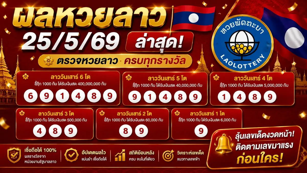 หวยลาว25/5/69 เช็กผลด่วน! ตรวจหวยลาว 25 พฤษภาคม 2569 ครบทุกรางวัล พร้อมสถิติย้อนหลังเจาะเลขเด็ดงวดนี้ 91 หวยลาว25 5 69 1