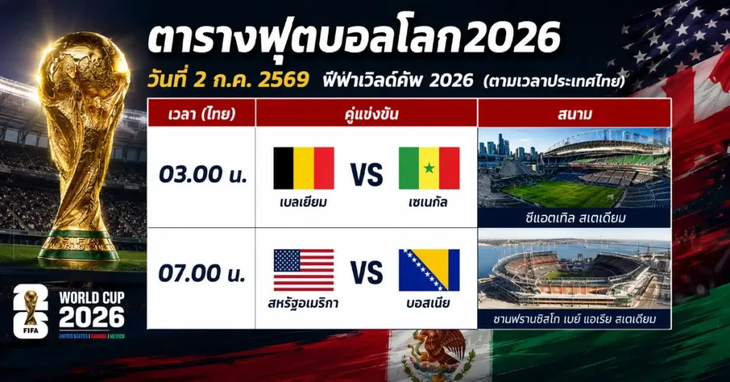 โปรแกรมแข่งขันบอลโลก รอบ 32 ทีม วันที่ 2 กรกฎาคม 2569 ฟีฟ่าเวิลด์คัพ 2026 109 โปรแกรมแข่งขันบอลโลก