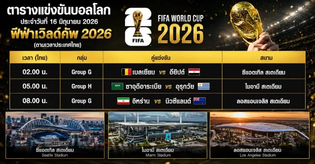 โปรแกรมฟุตบอล ฟีฟ่าเวิลด์คัพ 2026 วันที่ 16 มิถุนายน 2569 127 โปรแกรมฟุตบอล