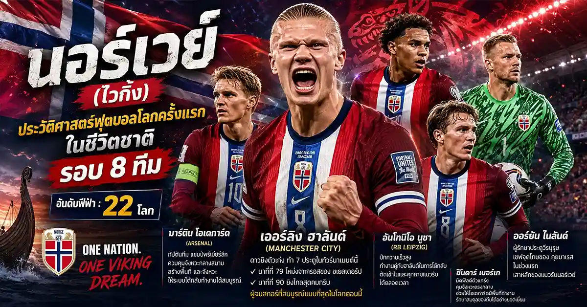 นอร์เวย์ พบ อังกฤษ ฮาลันด์ 7 ประตู ดวล เคน-เบลลิงแฮม! ไวกิ้งที่ไม่เคยแพ้บราซิล เผชิญสิงโตที่พิชิต Azteca ที่ไมอามี รอบ 8 ทีม ฟุตบอลโลก 2026 56 นอร์เวย์ พบ อังกฤษ1