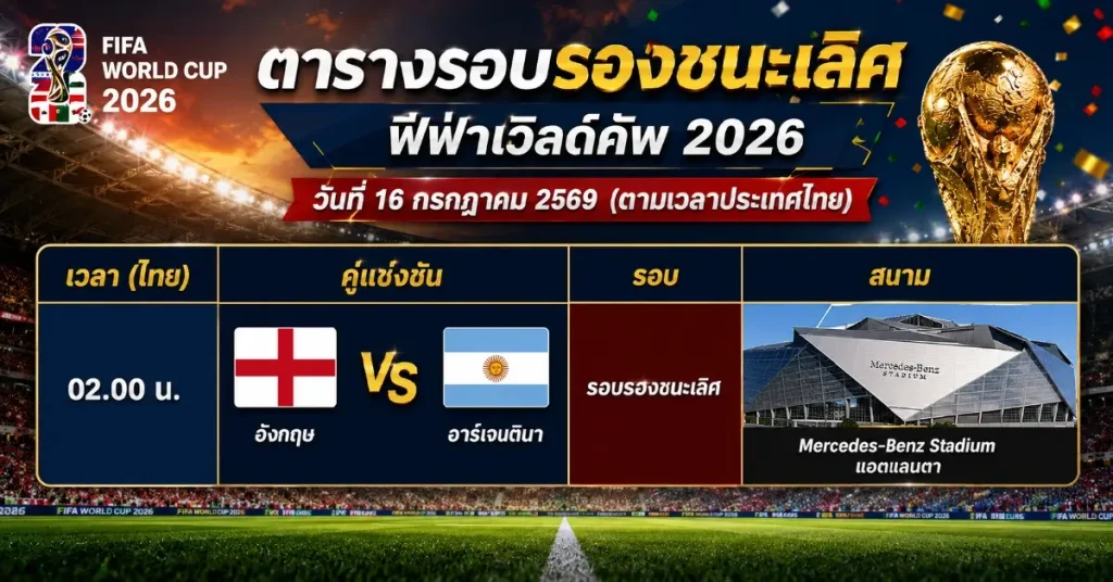 โปรแกรมรอบรอง ชนะเลิศ ฟีฟ่าเวิลด์คัพ 2026 โปรแกรมรอบรองชนะเลิศครบทุกคู่ วันที่ 16 กรกฎาคม 2569 56 โปรแกรมรอบรอง