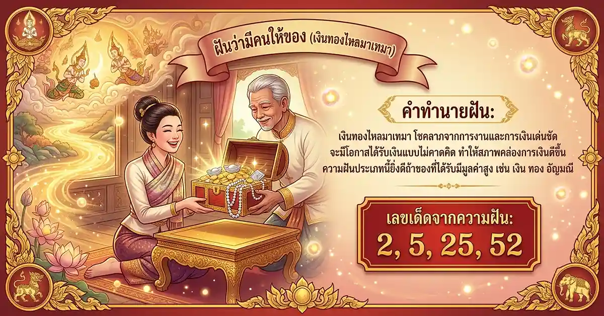 คำทำนายฝัน 10 แบบ ฝันแบบนี้มีลุ้น! มีเกณฑ์ถูกรางวัลที่ 1 พร้อมเลขนำโชคจากความฝัน 129 ฝันว่ามีคนให้ของ เงินทองไหลมาเทมา