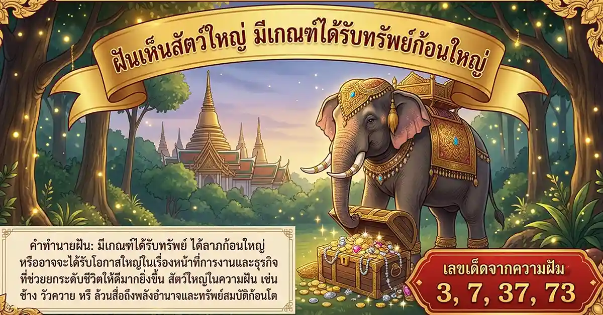 คำทำนายฝัน 10 แบบ ฝันแบบนี้มีลุ้น! มีเกณฑ์ถูกรางวัลที่ 1 พร้อมเลขนำโชคจากความฝัน 140 ฝันเห็นสัตว์ใหญ่ มีเกณฑ์ได้รับทรัพย์ก้อนใหญ่